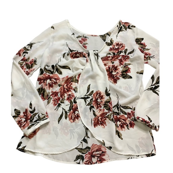DYNAMITE Twist Front Floral Blouse With Long Sleeves Ivory Size Medium - Picture 6 of 8
